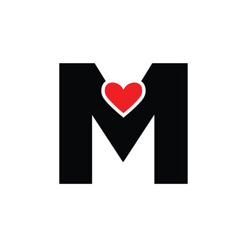 Letter M with red heart monogram. M heart icon.