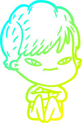 cold gradient line drawing of a cartoon happy woman