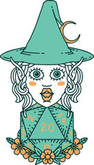 Retro Tattoo Style elf mage character with natural twenty dice roll