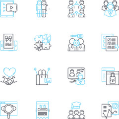 User engagement linear icons set. Interaction, Participation, Communication, Involvement, Connection, Response, Collaboration line vector and concept signs. Feedback,Loyalty,Satisfaction outline