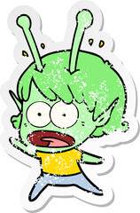 distressed sticker of a cartoon shocked alien girl