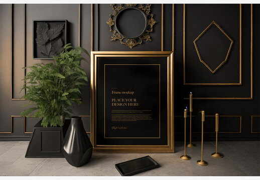 Stylish Black And Gold Room With Elegant D&eacute;cor: Picture, Plant, And Candlesticks On Black And Gold Accented Walls And Floors With Chic Black Table And White Walls Frame Mockup Template Generative A