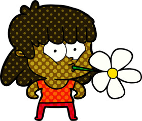 cartoon girl with flower in mouth