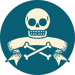 tattoo style icon with banner of a skull
