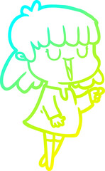 cold gradient line drawing of a cartoon woman laughing