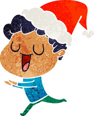 laughing hand drawn retro cartoon of a man running wearing santa hat