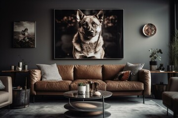 Canine themed posters decorate a comfortable gray sofa in a contemporary lounge featuring dual seating. Generative AI