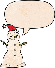 cartoon christmas snowman with speech bubble in retro texture style