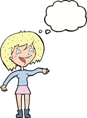 cartoon waving woman with thought bubble