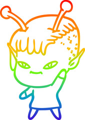 rainbow gradient line drawing of a cute cartoon alien girl