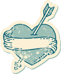 iconic distressed sticker tattoo style image of an arrow heart and banner