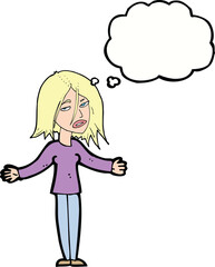 cartoon woman shrugging shoulders with thought bubble