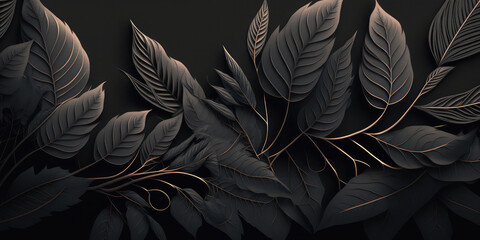 Black background with a leaves pattern. Generative AI