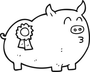 freehand drawn black and white cartoon prize winning pig