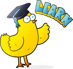 freehand drawn cartoon bird with learn text