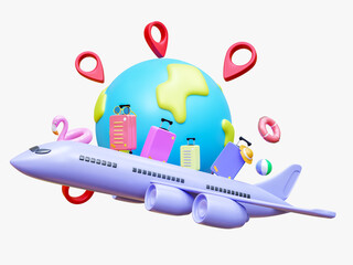 Summer vacation and travel concept. Flight airplane travel tourism plane trip planning world tour luggage with pin location. Leisure touring holiday summer concept.3d rendering