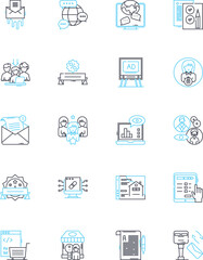 Publicity linear icons set. Promotion, Attention, Hype, Advertising, Buzz, Exposure, Fame line vector and concept signs. PR, Public image, Media outline illustrations