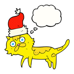 freehand drawn thought bubble cartoon cat wearing christmas hat