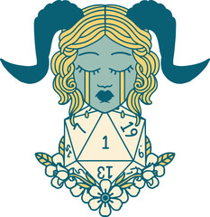 Retro Tattoo Style crying tiefling with natural one D20 dice roll