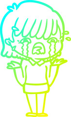cold gradient line drawing of a cartoon girl crying