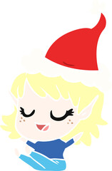 happy hand drawn flat color illustration of a elf girl sitting wearing santa hat