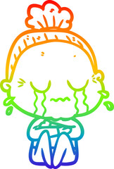 rainbow gradient line drawing of a cartoon crying old lady