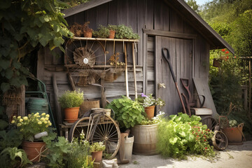 old garden house with garden tools
