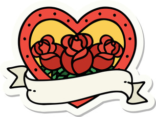 sticker of tattoo in traditional style of a heart and banner with flowers