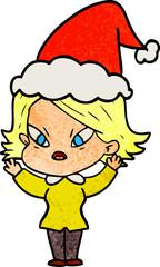 hand drawn textured cartoon of a stressed woman wearing santa hat