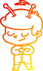 warm gradient line drawing of a friendly cartoon spaceman