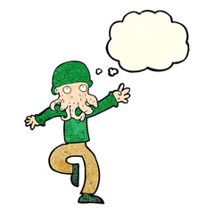 cartoon alien monster man with thought bubble