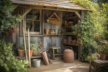 old garden house with garden tools
