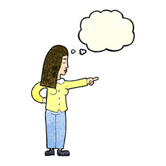 cartoon woman pointing with thought bubble