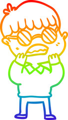 rainbow gradient line drawing of a cartoon shocked boy wearing spectacles