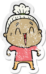 distressed sticker of a cartoon happy old lady