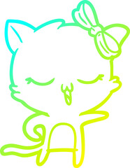 cold gradient line drawing of a cartoon cat with bow on head