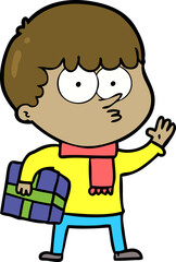 cartoon curious boy carrying a gift