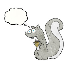 freehand drawn thought bubble textured cartoon squirrel with nut