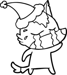 hand drawn line drawing of a crying wolf wearing santa hat