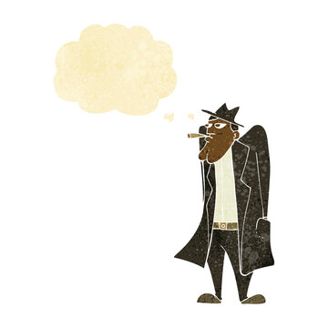 recommend clip art: cartoon man in hat and trench coat with thought bubble