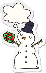 cartoon snowman with thought bubble as a printed sticker