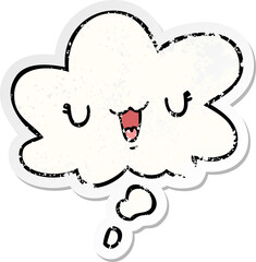 cute happy cartoon face with thought bubble as a distressed worn sticker