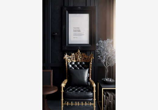 Stylish Black Chair With Gold Frame And Tree In Vase On Table Against Black Wall With Picture Frame - Perfect For Interior Design And Home Decor Stock Photos Frame Mockup Template Generative AI