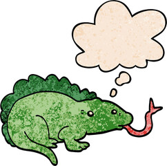cartoon lizard with thought bubble in grunge texture style