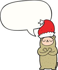 cartoon bear wearing christmas hat with speech bubble