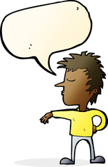 cartoon man making camp gesture with speech bubble