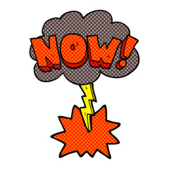 freehand drawn comic book style cartoon now shout symbol with thundercloud