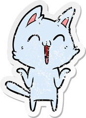 distressed sticker of a happy cartoon cat