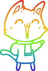 rainbow gradient line drawing of a happy cartoon cat
