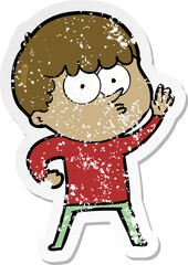 distressed sticker of a cartoon curious boy